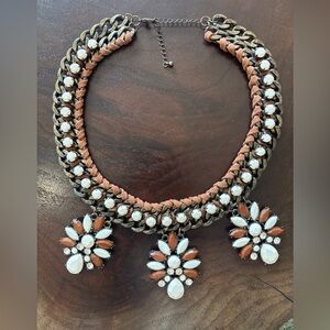 Brown & White Statement Necklace With Suede, Flower Pendants & Rhinestones.